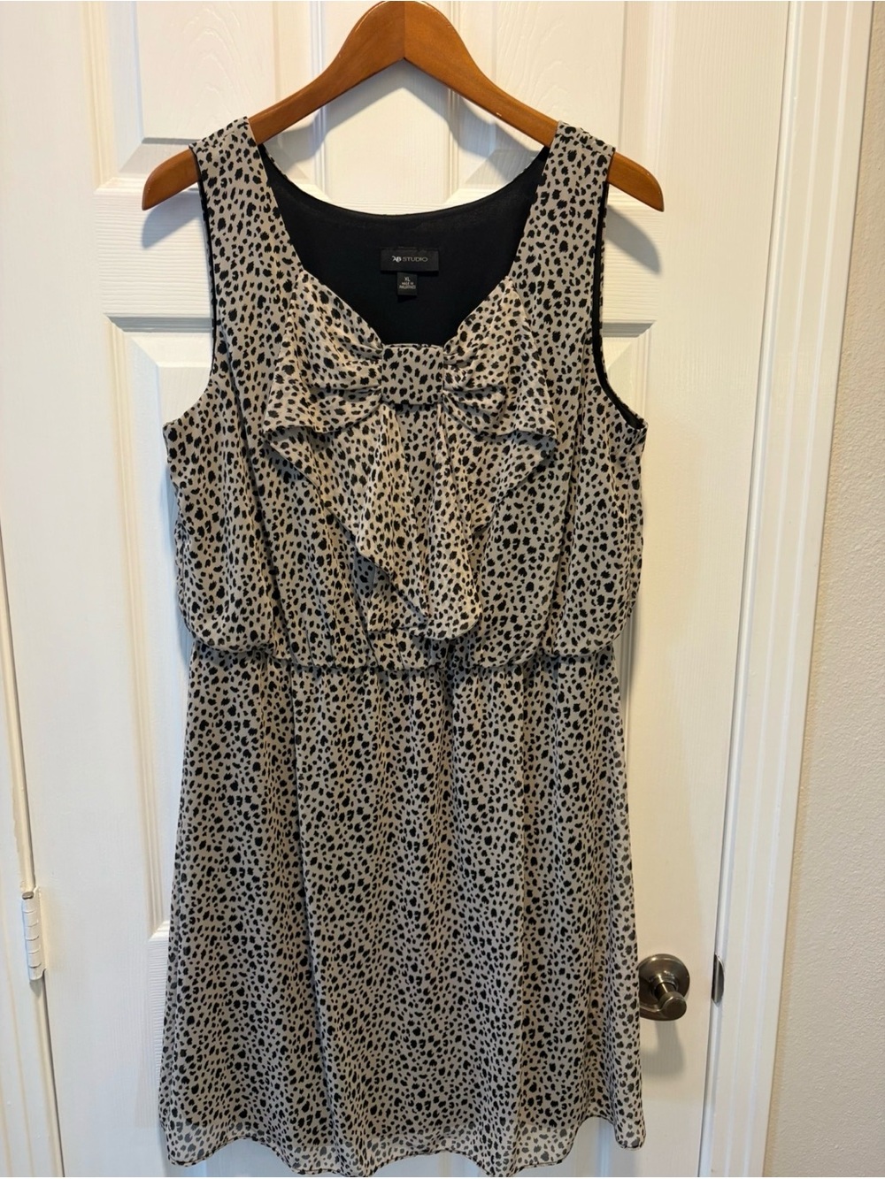 AB Studio Beige Mini Dress with Black Spot Print and Ruffle